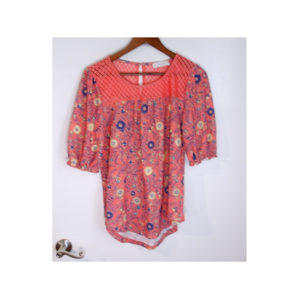 Susan Betro Floral Print‎ Blouse Coral Orange Bohemian Top / #5202